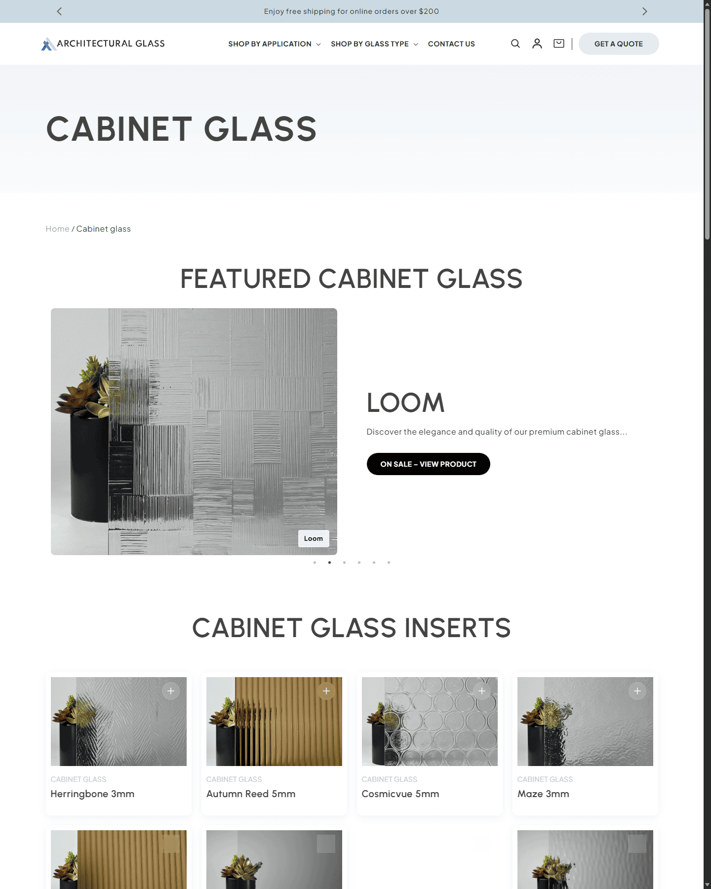 Application-driven cabinet glass collection page for Architectural Glass.