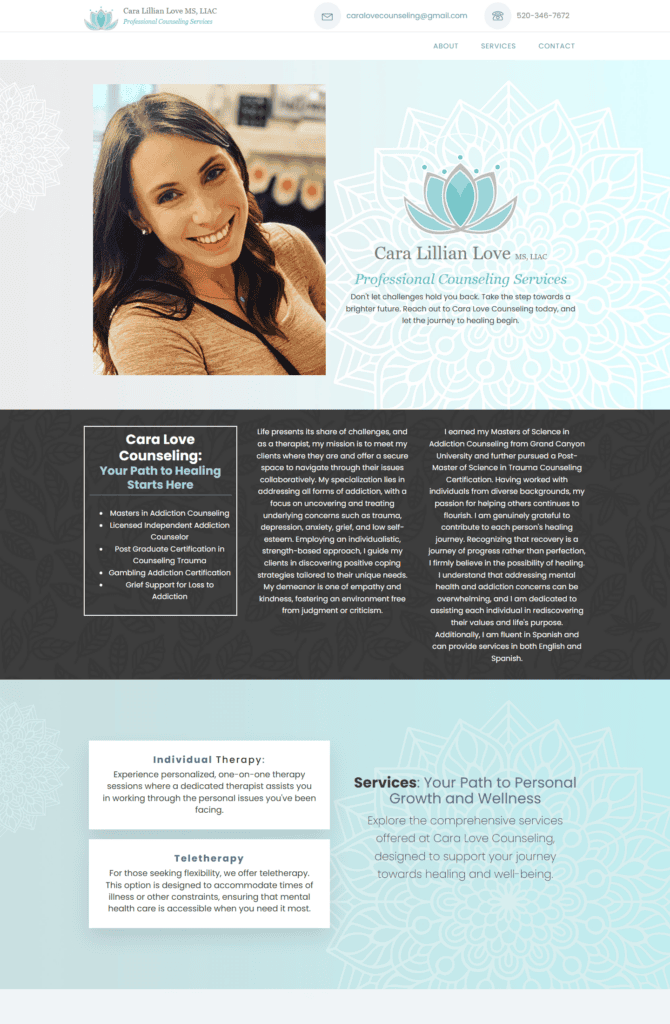 Desktop view of the original Cara Love Counseling homepage design and WordPress Oxygen implementation.