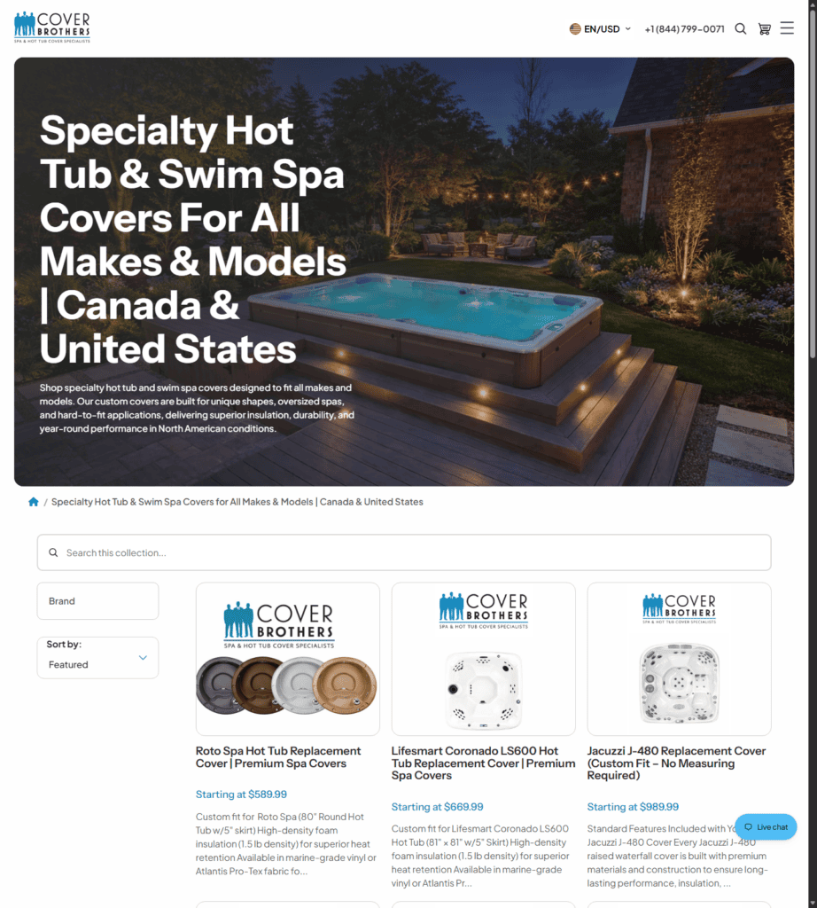 Collection page implementation for hot tub and swim spa cover product discovery.