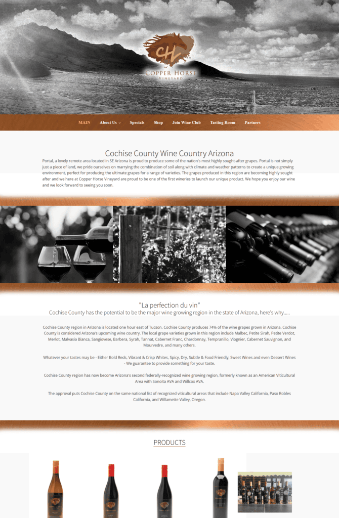 Desktop view of the Copper Horse Vineyard WordPress homepage using original vineyard and wine photography.