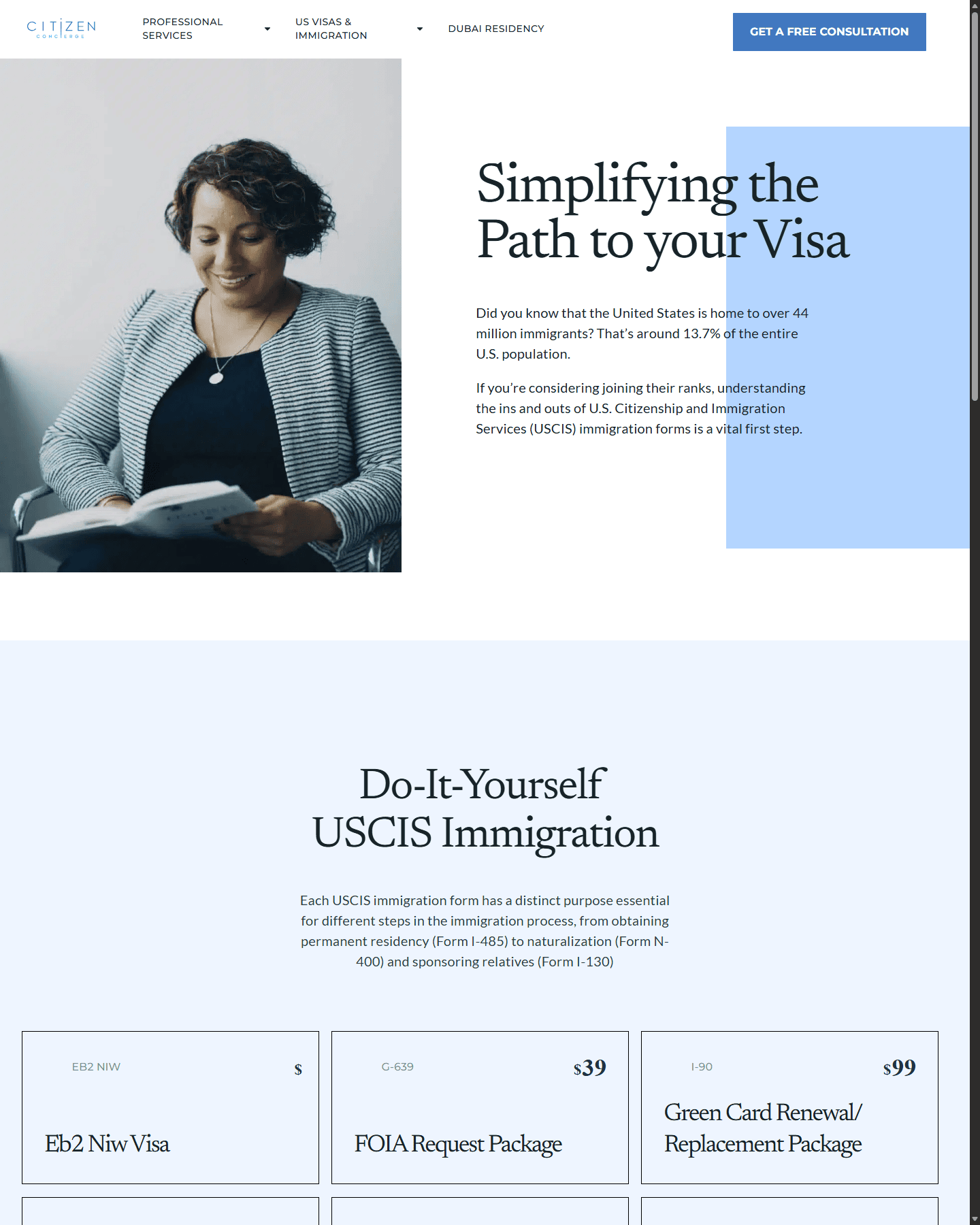 Citizen Concierge public USCIS forms page implemented in WordPress from Sher Agency's supplied Figma designs.