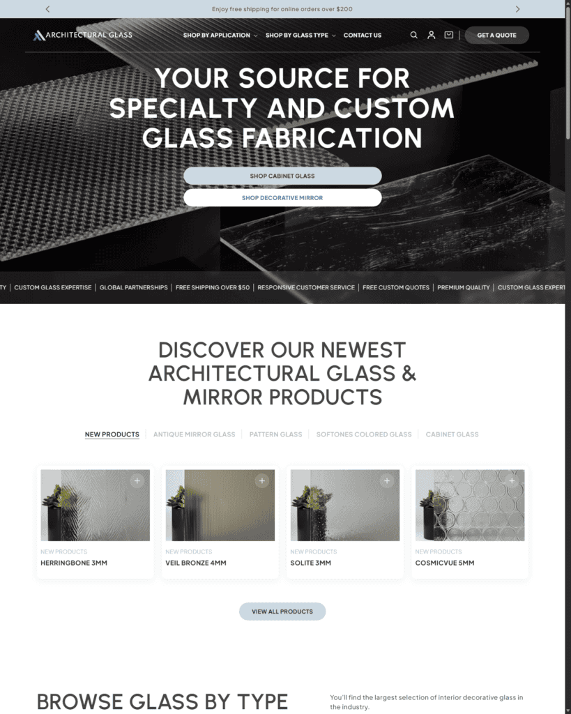 Architectural Glass Shopify storefront homepage showing product discovery, glass categories, and ecommerce calls to action.