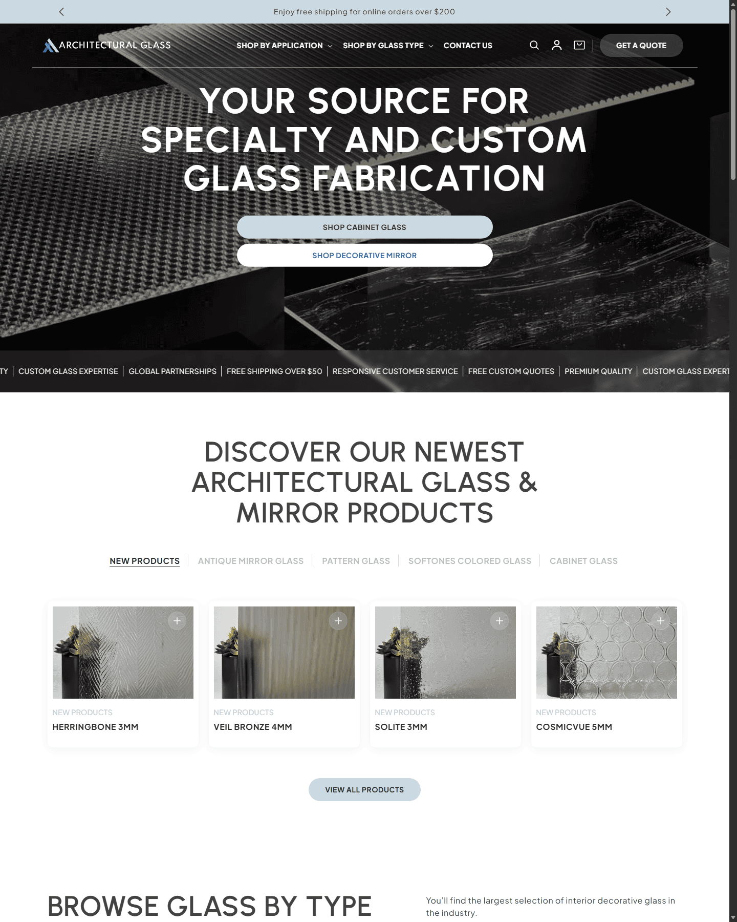 Architectural Glass Shopify storefront homepage showing product discovery, glass categories, and ecommerce calls to action.