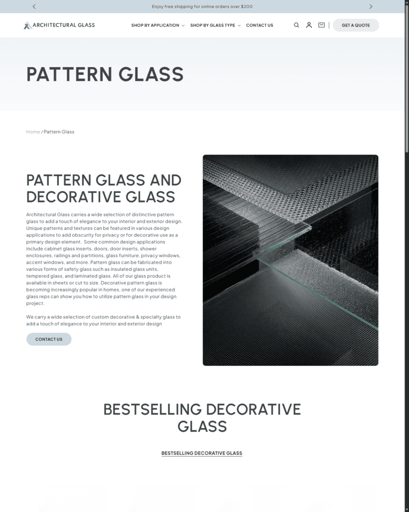 Pattern glass collection page showing multiple visual glass product options.