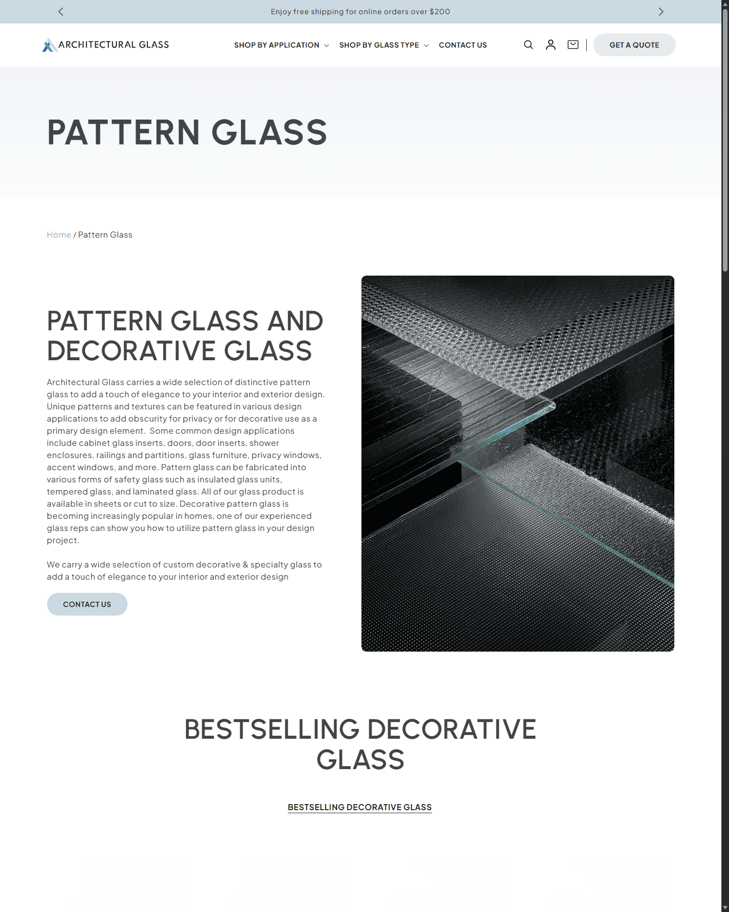 Pattern glass collection page showing multiple visual glass product options.