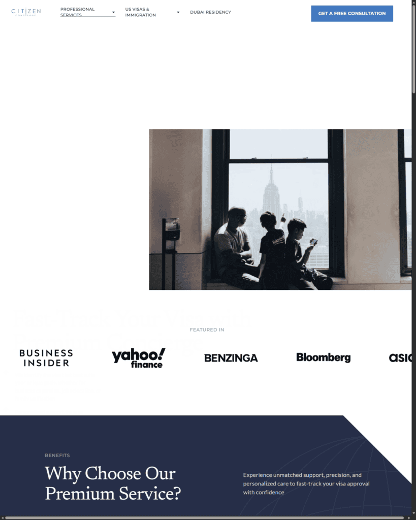 Citizen Concierge premium concierge service page implemented in WordPress from Sher Agency supplied Figma designs.
