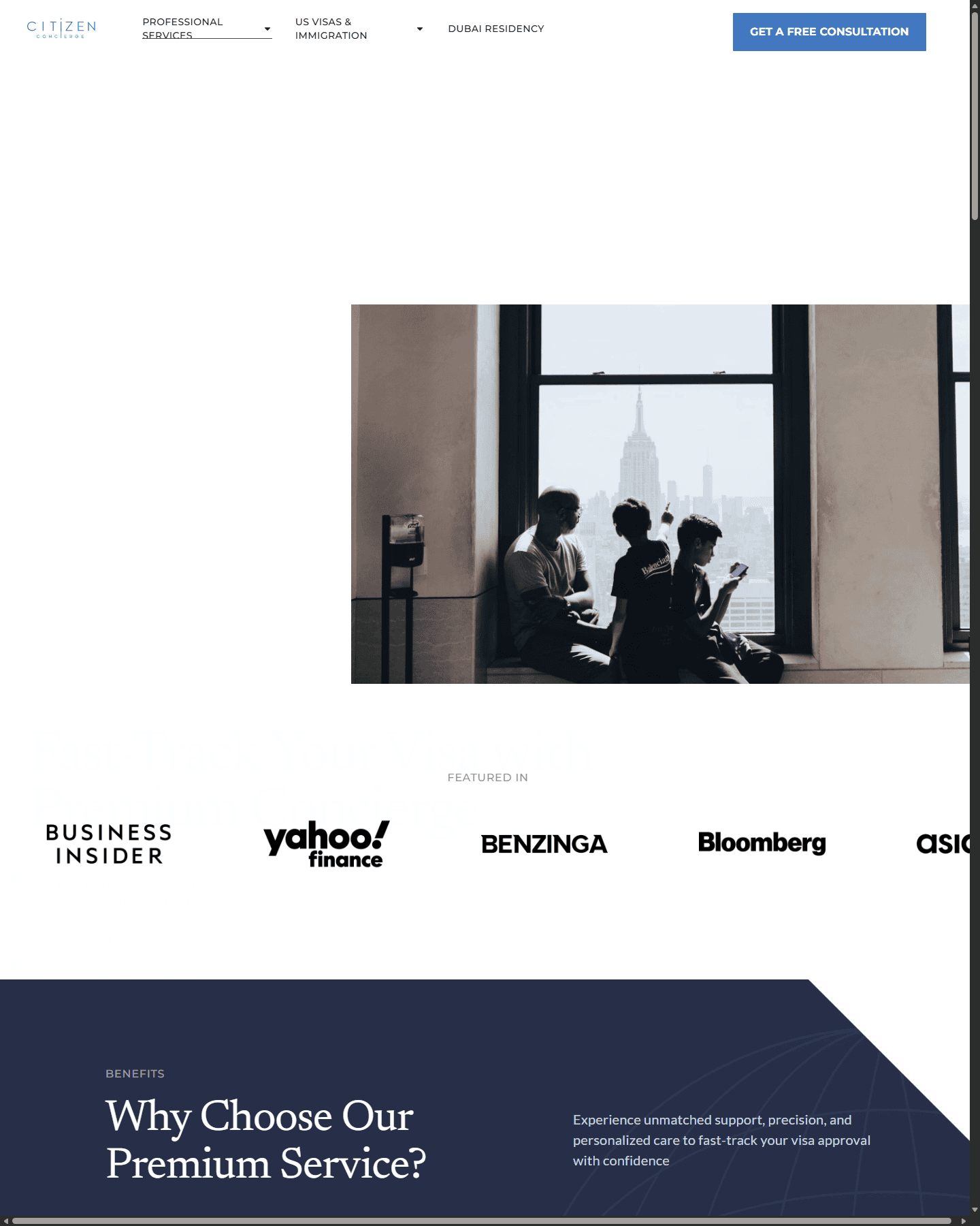 Citizen Concierge premium concierge service page implemented in WordPress from Sher Agency supplied Figma designs.