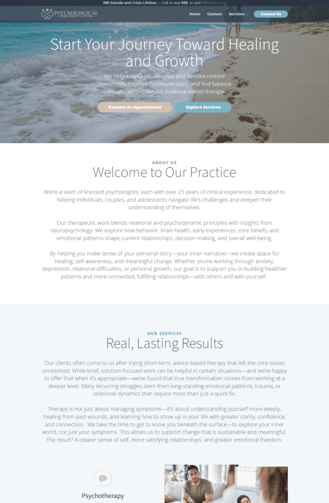 Desktop view of the Psychological Enrichment Center homepage with coastal hero imagery, logo, services, and therapy practice content.