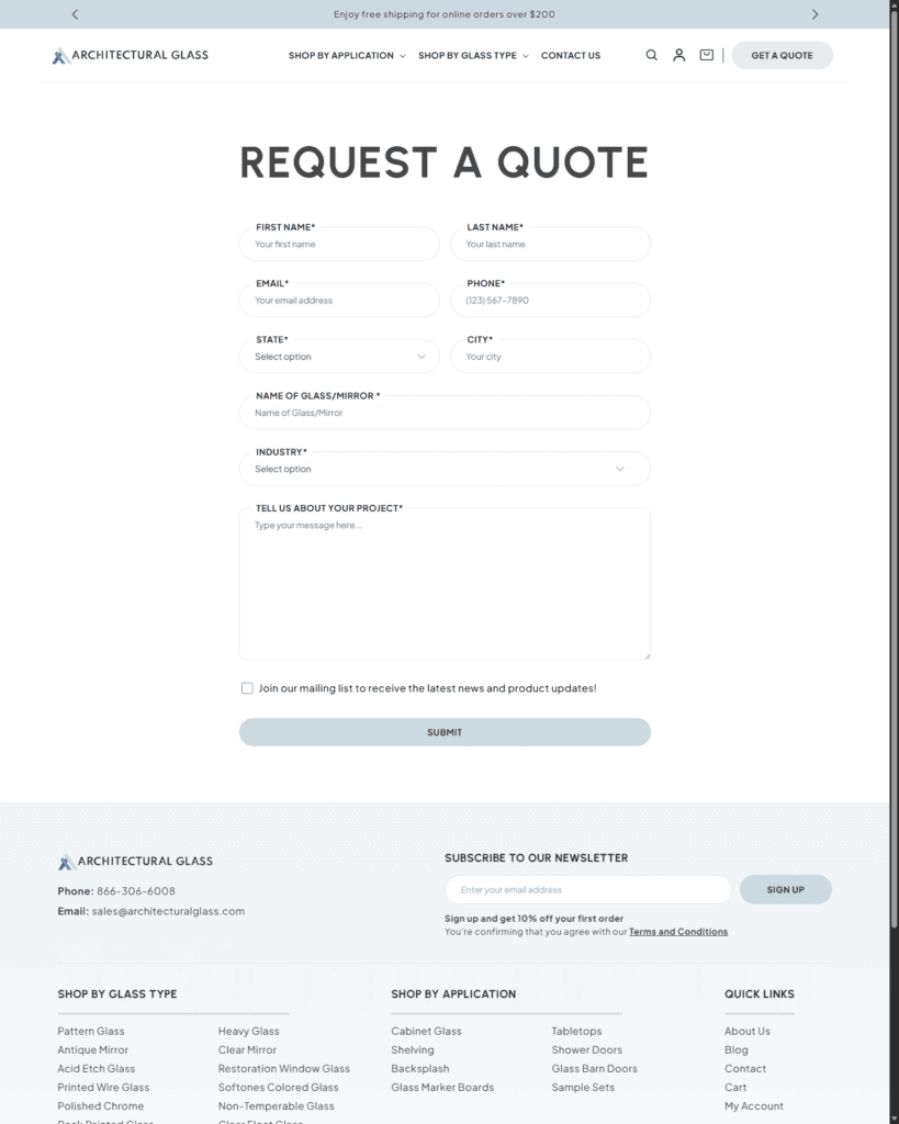 Architectural Glass quote request form for custom glass projects.
