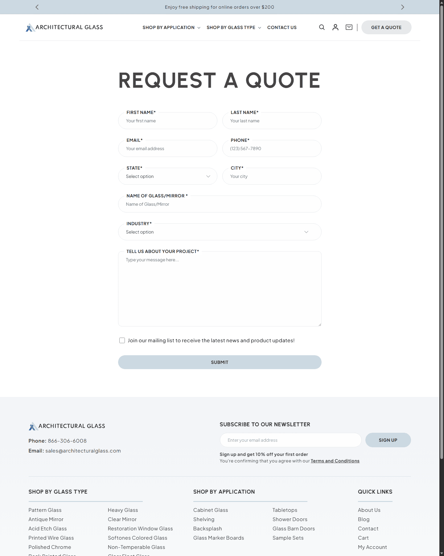 Architectural Glass quote request form for custom glass projects.