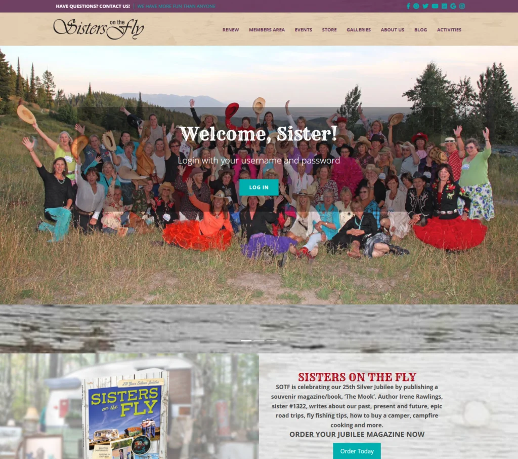 Desktop screenshot of the Sisters on the Fly homepage featuring a large group photo, member login, navigation, and 25th anniversary magazine promotion.