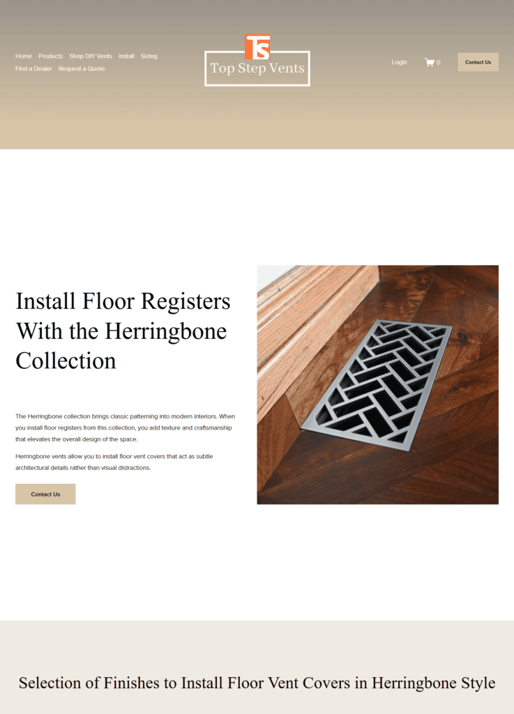 Top Step Vents Herringbone collection page showing a silver herringbone floor register installed in dark wood flooring.