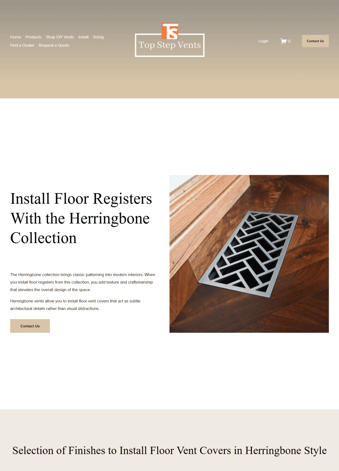 Top Step Vents Herringbone collection page showing a silver herringbone floor register installed in dark wood flooring.