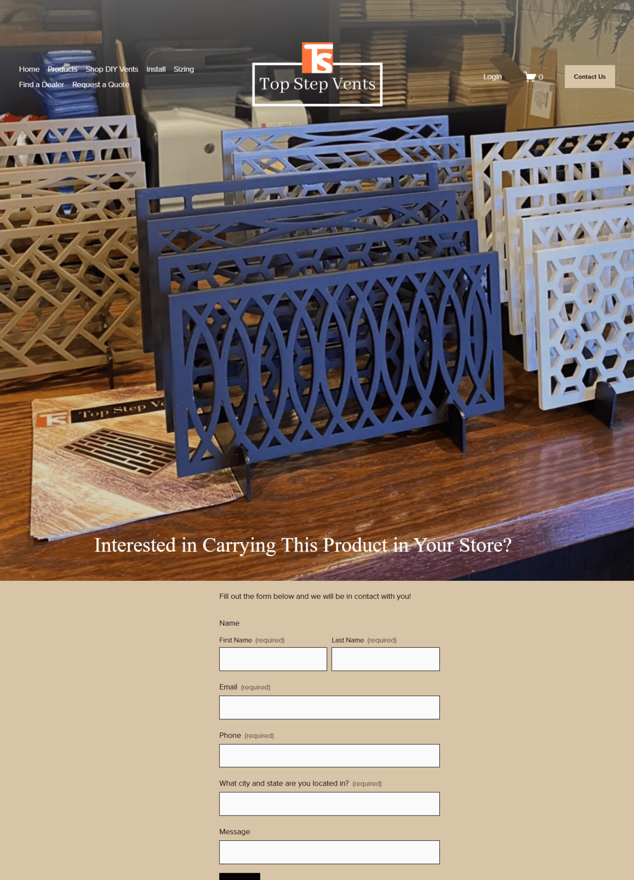 Top Step Vents dealer inquiry page showing metal floor vent samples above a retailer contact form.