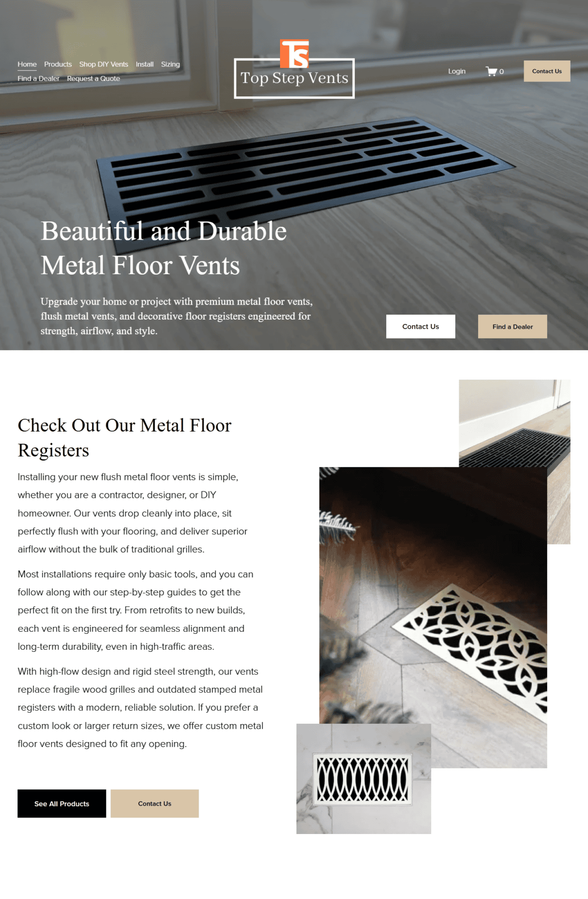 Top Step Vents homepage showing a black metal floor vent installed in light wood flooring.