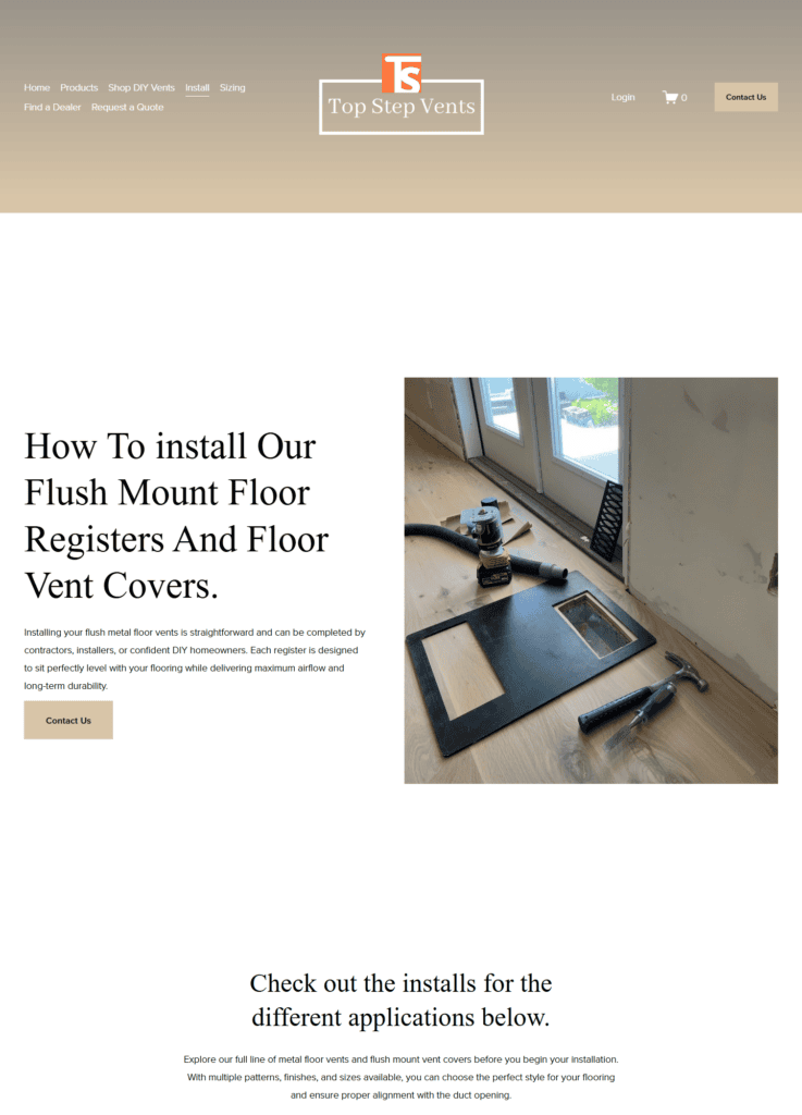 Top Step Vents installation page showing tools and a flush-mount floor vent being installed near a doorway.