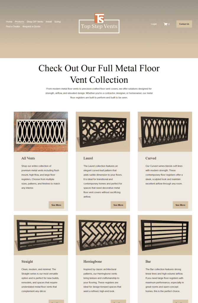 Top Step Vents product collection page showing six metal floor vent styles in a product grid.