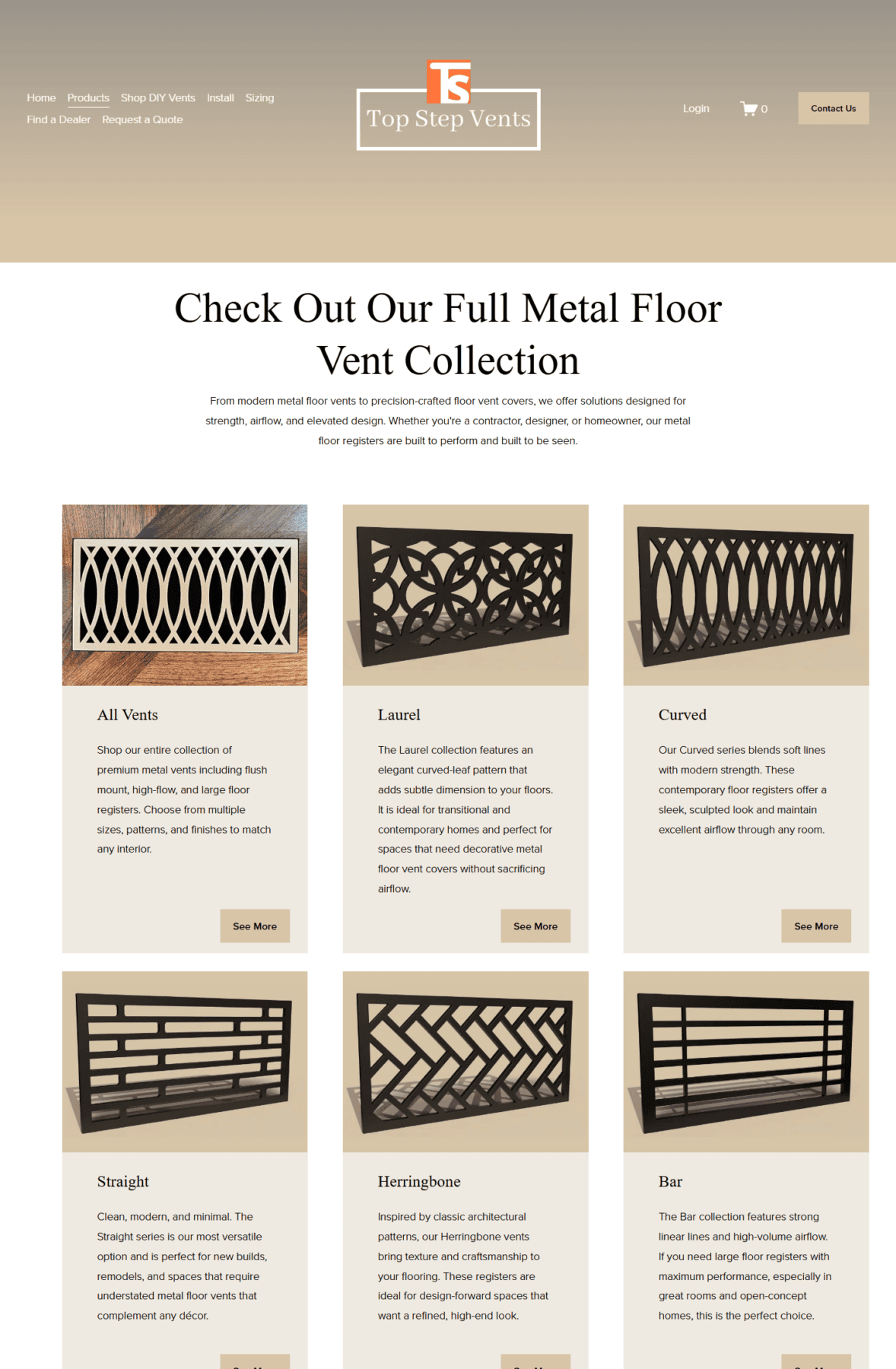 Top Step Vents product collection page showing six metal floor vent styles in a product grid.