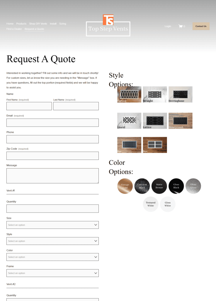 Top Step Vents quote request page with contact fields and vent style and color options.