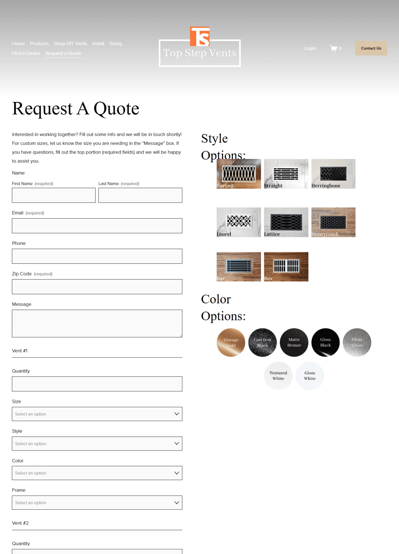 Top Step Vents quote request page with contact fields and vent style and color options.
