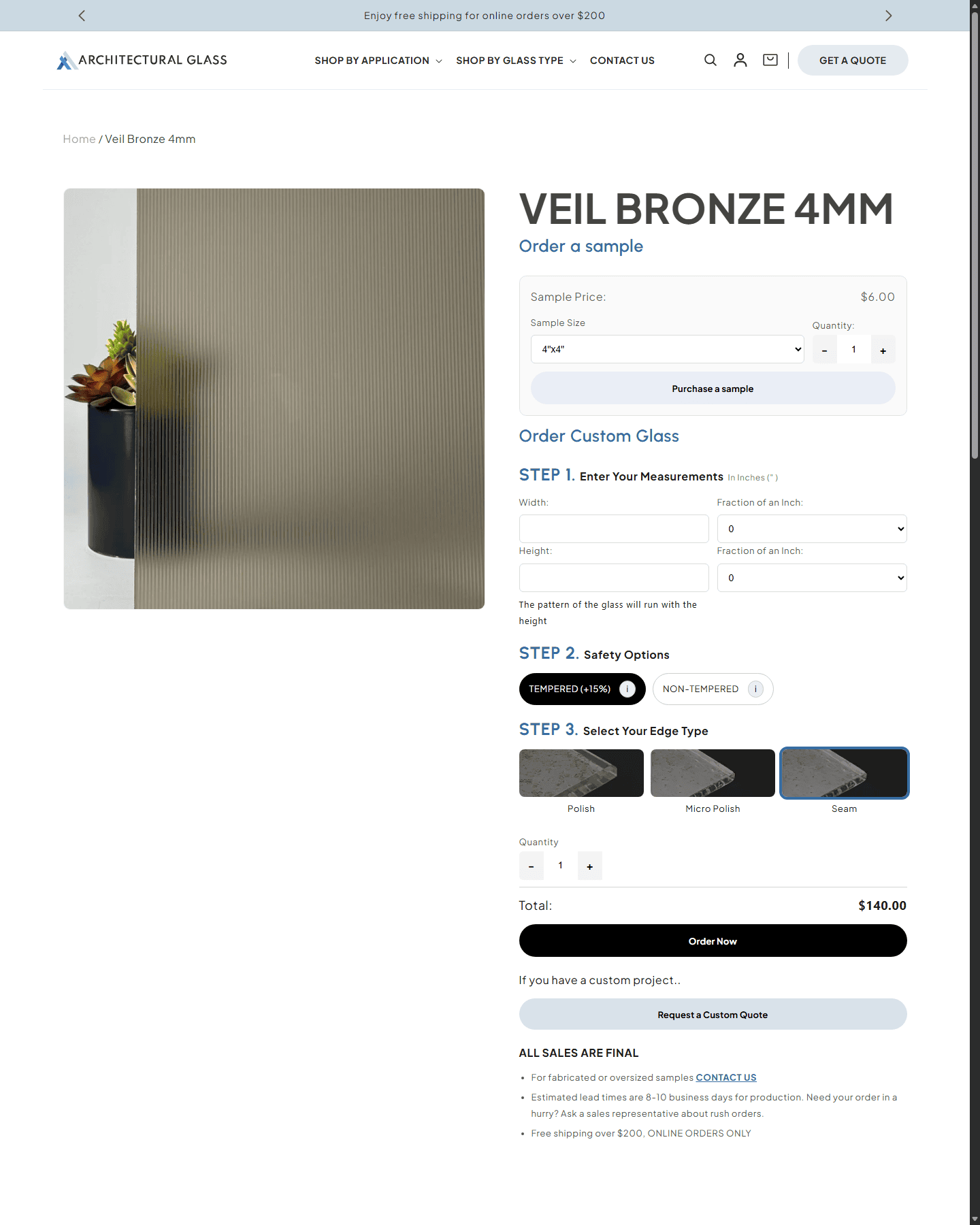 Architectural Glass product page with sample ordering and custom glass ordering interface.