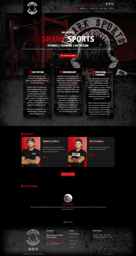 Desktop screenshot of the Shark Sports Fitness and Training homepage design.