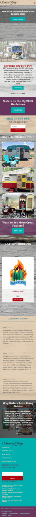 Mobile screenshot of the Sisters on the Fly homepage implementation.