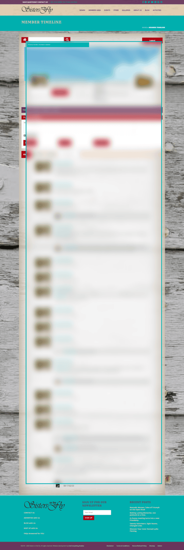 Redacted screenshot of the Sisters on the Fly member timeline interface.